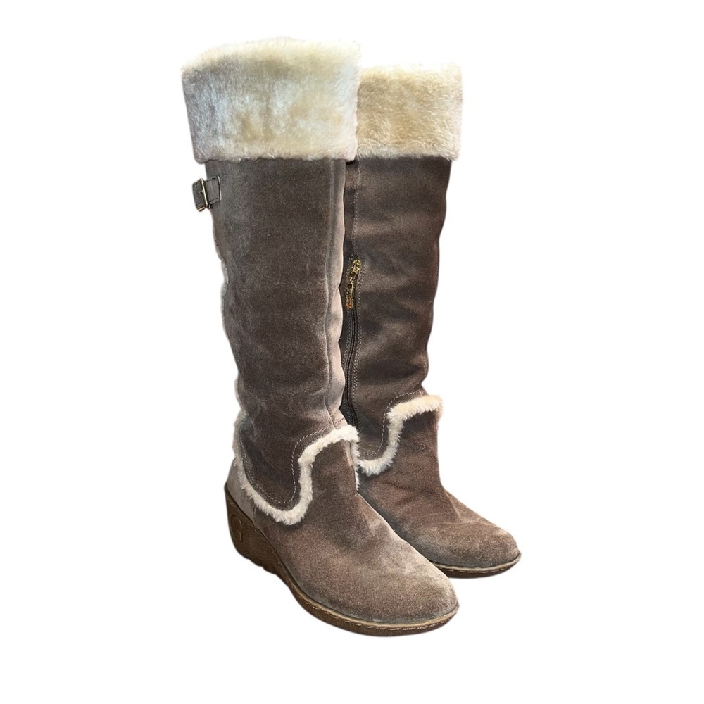Guess Jefter Taupe Natural Suede Olive Green Tall Wedge Heel Boots Size 7.5